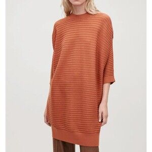 COS Voluminous Merino Wool Rib-Knit Dress Raised Neck Burnt Orange 3/4 Sleeve S
